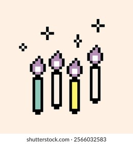 Y2k Happy Birthday candle emoji. Pixel art. Event decoration element. Candles with fire icon. Game abstract sticker for poster, collage, party and birthday card. Editable pixel vector illustration