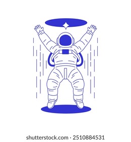 Y2k happy cosmonaut in space suit flying in universe hole line icon vector flat illustration. Overjoyed astronaut cosmos galaxy exploration hi tech cyber cosmic psychedelic retro groovy pen sketch