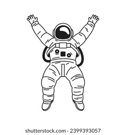 Y2k happy jumping astronaut in spacesuit and helmet monochrome line retro groovy icon vector illustration. Cosmonaut universe galaxy cosmos travel exploration minimal trendy sticker for t shirt print
