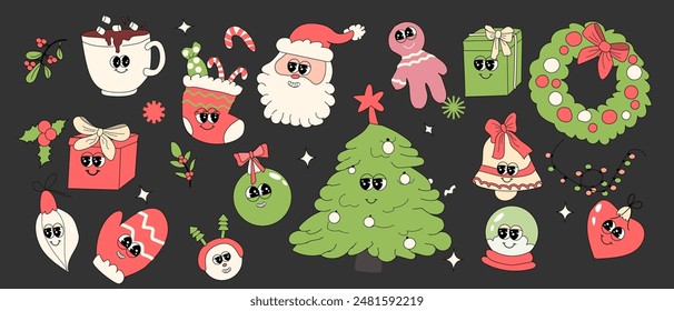 y2k Happy New year and Christmas groovy stickers set. Xmas retro set. Groovy y2k characters and elements. Santa, christmas tree, gift box, socks and other for greeting card, party design.