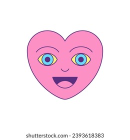 Y2k happy pink heart comic positive cartoon character groovy style icon vector flat illustration. Smiling surreal symbol of love laughing enamored element trendy sticker for t shirt print