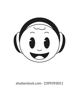 Y2k happy smiley emoticon in headphones music disco cartoon character monochrome line retro groovy icon vector illustration. Smiling emoji in earphones modern technology trendy sticker