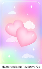 Y2k heart blurred gragient card. Happy Valentine s Day holographic vector poster background with cloud and hearts geometric shape in trendy 90s, 00s psychedelic style. Rainbow holo vibrant and pink