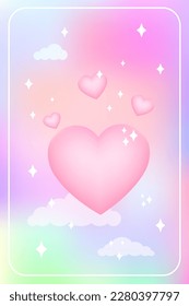 Y2k heart blurred gragient card. Happy Valentine s Day holographic vector poster background with cloud and hearts geometric shape in trendy 90s, 00s psychedelic style. Rainbow holo vibrant and pink