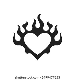 Y2k corazón ardiendo fuego llama silueta Valentine negro tatuaje icono Vector ilustración plana. Abstractas Amor Amor Forma romántica Inflamable Blaze Neogótico Monocromo Creativo T Shirt Imprimir