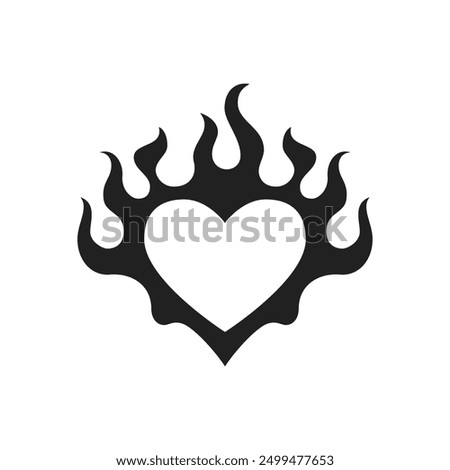 Y2k heart burning fire flame silhouette Valentine black tattoo icon vector flat illustration. Abstract love amour romantic shape flammable blaze neo gothic monochrome creative t shirt print