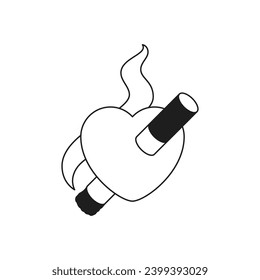 Y2k heart with cigarette inside and smoke comic trendy monochrome line retro groovy icon vector illustration. Symbol of love amour enamored smoking addiction Valentine's Day minimal sticker