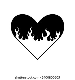Y2k heart fire. Contemporary valentine day decorative element. 2000s style tattoo, sticker or label. 00s fashion. Silhouette gothic grunge element. Postmodern and retro, vector isolated illustration