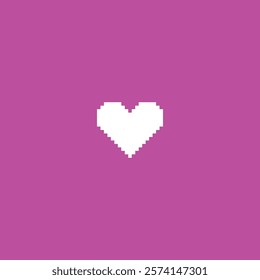 Y2K heart icon in pixel art. White heart shape with squared contour on pink background. Love symbol aesthetic digital 8 bit retro style. Vector graphic romance decoration. Amour emoji sign