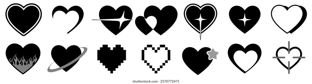 Y2K Heart Icon Vector Set, Modern Love Symbol Designs for Digital and Retro Aesthetic Themes, for Branding, Decorations and Graphics brutalism, Hipster cyberpunk elements in trendy