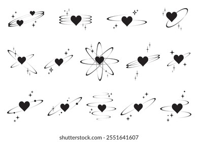 Y2K heart icons. Vector star shapes. Symbols of love. Outline cosmic design elements on white background. Cute retro romantic set of magic sparkles. Abstract celestial 90s decoration