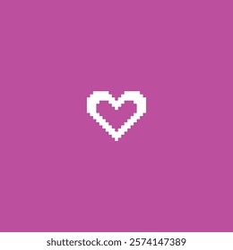 Y2K heart outline icon in pixel art. White silhouette heart shape with squared contour on pink background. Love symbol aesthetic 8 bit style. Vector graphic romantic decoration. Amour emoji sign