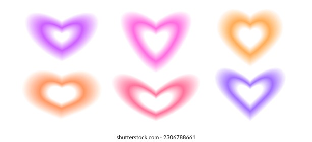 Y2k heart shape set. Trendy blurry aura collection. Blurred pastel gradient elements for logo, templates, badges, stickers. Vector pack