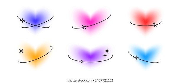 Y2k hearts with eclipse line elements set. Colorful blurry aura shape collection. Blurred smooth gradient with oval orbits for logo, template, badge, sticker, collage, icon. Vector sparkle heart pack