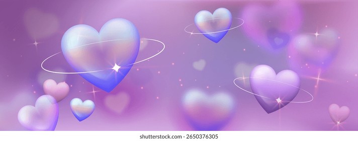 Y2k hearts with orbital rings and gradient bg - glossy floating love symbols surrounded by glowing halos, sparkles and stars. Dreamy pink purple aesthetic romantic digital art or valentine wallpaper