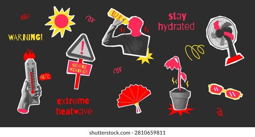 Y2K heatwave halftone collage elements set. Extreme weather funky scrapbook sticker with doodle. Cut out Vector Illustration.
