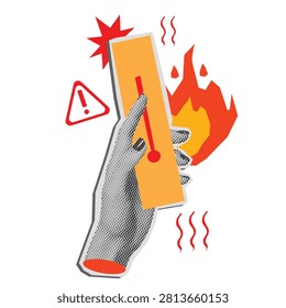 Y2K heatwave thermometer halftone collage element. Extreme weather funky scrapbook sticker with doodle. Cut out Vector Illustration.