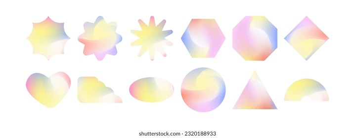 y2k hologram shape vector element. Holographic heart flower star sticker. Holo gradient background. Modern geometric symbol. Aesthetic blur shine figure set. Graphic decoration for futuristic design