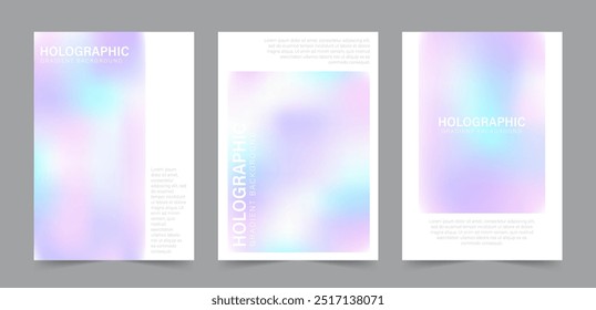 Y2k Holographic Gradient Background. Modern pearlescent vector. Set of soft blur cards. Iridescent aura posters. Pastel minimalist backdrop for social media, business card or website design.