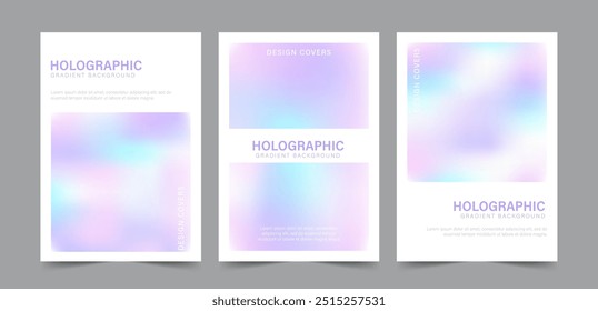 Y2k Holographic Gradient Background. Set of trendy abstract neon templates. Iridescent aura posters. Modern pearlescent vector. Pastel minimalist backdrop for posts, brochures or banners.