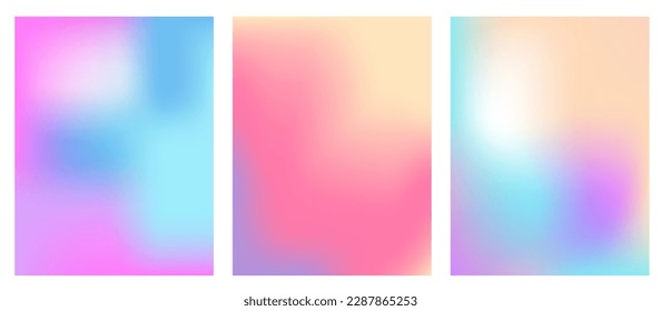 Y2K holographic gradient set. Bright and pastel mesh gradient backgrounds. Soft blurred pink, blue and pink textures for social media templates and other graphic designs.