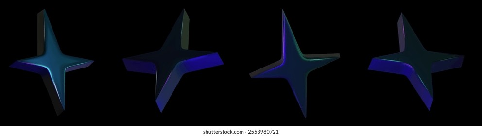 Y2K holographic star set chrome black color. Render 3d chrome metal. Star hologram 3d vector illustration