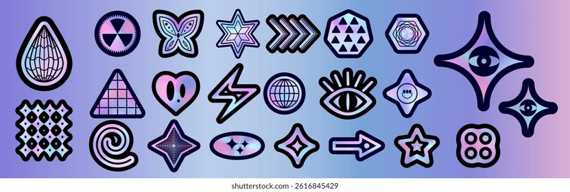 Y2k holographic sticker pack - 90s style aesthetic doodle icons with vibrant neon gradients on iridescent background. Geometric shapes with abstract elements. Pastel cyberpunk vaporwave decals set.