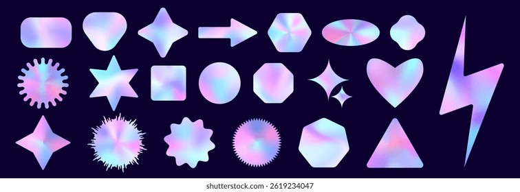 Y2k holographic sticker pack set - star and heart, arrow and sparkle shapes with vibrant neon gradient. Iridescent pastel blue, pink and purple colors 90s style shiny hologram foil decals collection.