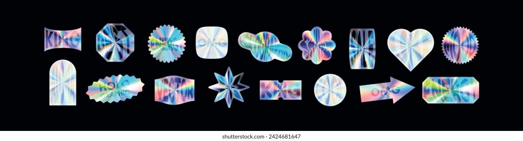 Y2K holographic sticker set hearts with chrome effect. Abstract shapes in hologram style. Flat vector illustration isolated on white background.