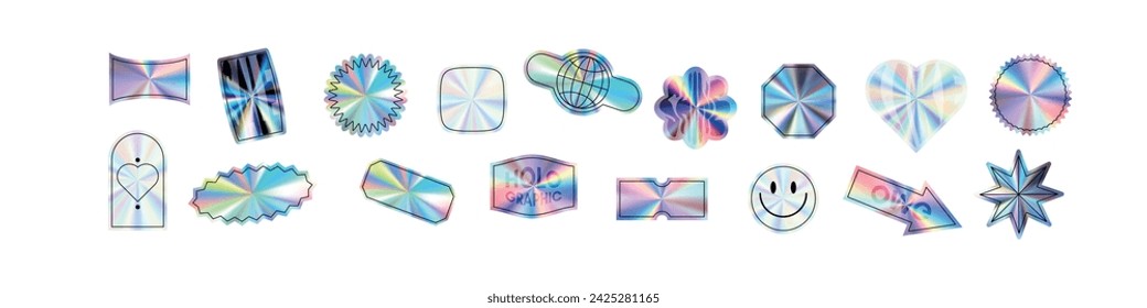 Y2K holographic sticker set hearts with chrome effect. Abstract shapes in hologram style. Flat vector illustration isolated on white background.