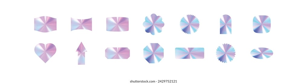 Y2K holographic sticker set hearts with chrome effect. Abstract shapes in hologram style. Flat vector illustration isolated on white background.