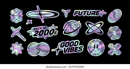 Pacote de adesivos holográficos Y2K de estilo moderno e texto citações coleção de rótulos (parte 1). Estética de futurismo retro 2000s disse adesivos com texto: rave, etiqueta de festa descida textura metálica