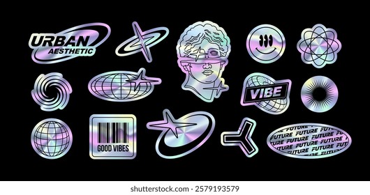 Y2K holographic stickers pack of trendy style and text quotes label collection (part 2). Aesthetic of retro futurism 2000s rave stickers with text: urban, global tag descent metallic texture