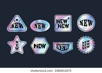 Y2k holographic stickers set. NEW text for Sale label tags. Retro gradient foil shapes and futuristic labels.