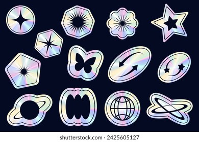 Y2k holographic stickers set. Retro gradient foil shapes and labels. Futuristic rave neon collection. Textured graphic badges. Vector 2000s elements