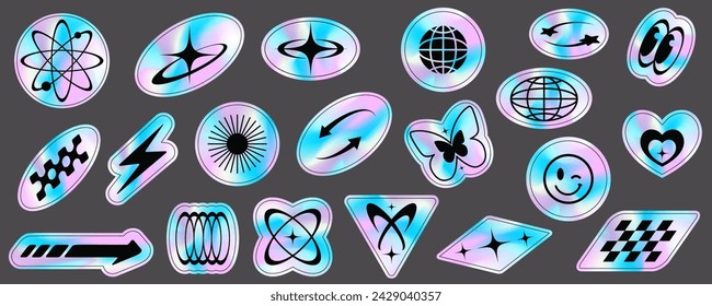 Conjunto de pegatinas holográficas Y2k. Formas de lámina de degradado retro y etiquetas futuristas. Colección de neón rave de los años 2000. Insignias de espacio gráfico texturizado. Vector