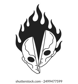 Y2k human alien head half section with burning flame black tattoo outline icon vector flat illustration. UFO chopped face portrait psychedelic surreal science fiction blaze fire monochrome artwork