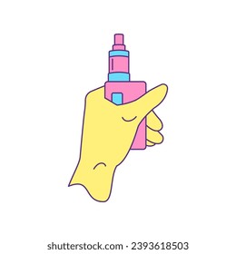 Y2k human hand holding vape smoke device trendy groovy style icon vector flat illustration. Electronic cigarette in arm cartoon element smoking addiction outline sticker for t shirt print isolated