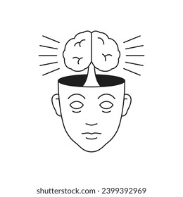 Y2k cabeza humana con idea de innovación cerebral imagen monocroma de groovía de línea icono vectorial. Imaginación psicodélica fantasía inteligente lluvia de ideas inteligencia mental pegatina retro para impresión de camisetas