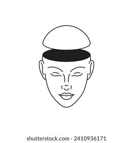 Y2k human head empty open mind psychedelic cartoon character monochrome line retro groovy icon vector illustration. Cyber person weird surreal psychology minimal trendy sticker simple t shirt print