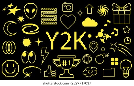 Y2k icon pixel art. Game element retro. Arrow, frame, face emoji, snake and star. Vintage 90s design, geometric acid shapes acid style. Universal geometric shapes. Vector graphic simple elements