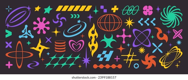 Y2K Icon Set. Abstract Vector Geometric Shapes and Forms. Retro Futuristic Elements: Star, Globe, Circle, Planet for Stickers, Logos, Patterns, Posters, Web Design