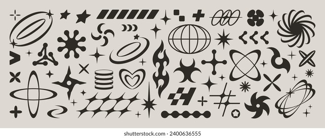 Y2K Icon Set. Abstract Vector Geometric Shapes and Forms. Retro Futuristic Elements: Star, Flower, Romb, Globe, Circle, Planet for Stickers, Logos, Patterns, Posters, Web Design