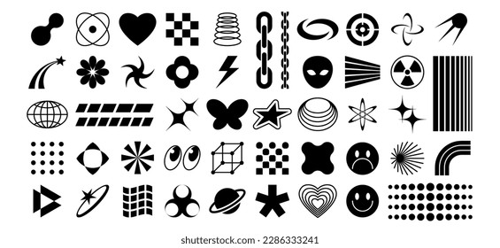 Y2k icons. 70s rave pop symbols, futuristic stars, planet and alien, emoticon spirals. Retro poster geometric symbols. Isolated minimal groovy vector set. Black elements as heart, flower