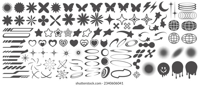 Y2k icons. Retro graphic elements for design. Modern rave symbols. Abstract geometric stars sparkles and futuristic shapes. Vector set of hearts, flowers and planets stickers