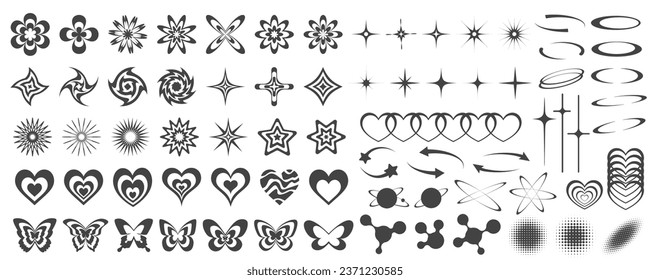 Iconos Y2k. Elementos retro gráficos para el diseño. Símbolos de rave modernos. Las estrellas geométricas abstractas brillan y las formas futuristas. Conjunto de vectores de corazones, mariposas y pegatinas de planetas