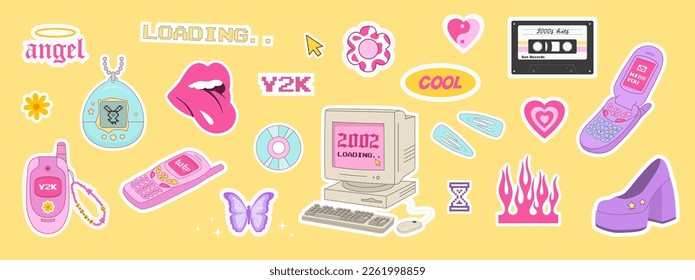 Y2k icons set. Vintage old phone, computer, flame, stickers. 2000s. Vector