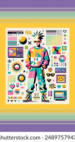 Y2K illustration depicts a digital punk in colorful clothes with geometric patterns, surrounded by retro elements: pixel glasses, sun, badges, icons and 2000s gadgets.