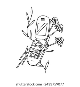 Y2K Illustration on a theme from the 2000s. Vector Line illustration of the Flip Phone with daisies. Vector image for printing on merch. 2000s vibes.