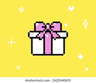 Y2k inspired Birthday present box with pink bow icon in pixel art. Festive gift box icon. Game abstract sticker for poster, collage, party and birthday card. Vector illustration. Game abstract element